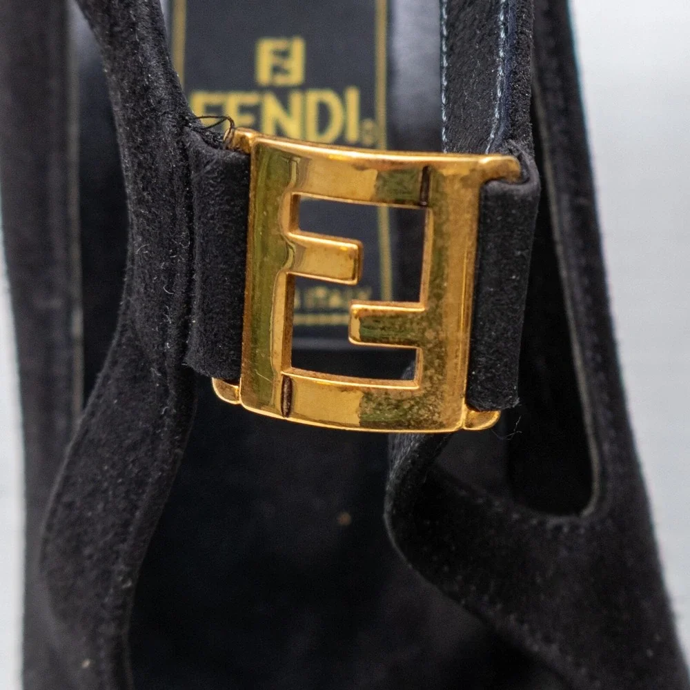 Vintage Fendi Scarpe Black Suede T-Strap Heels with Gold FF Buckle–Size 5.5/EU36